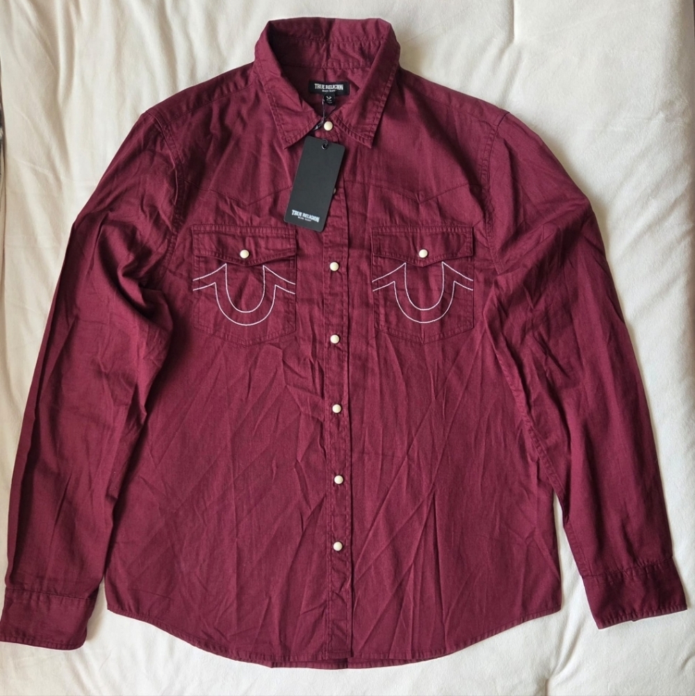 True Religion Men's Deep Burgundy Western Button Down Shirt Medium